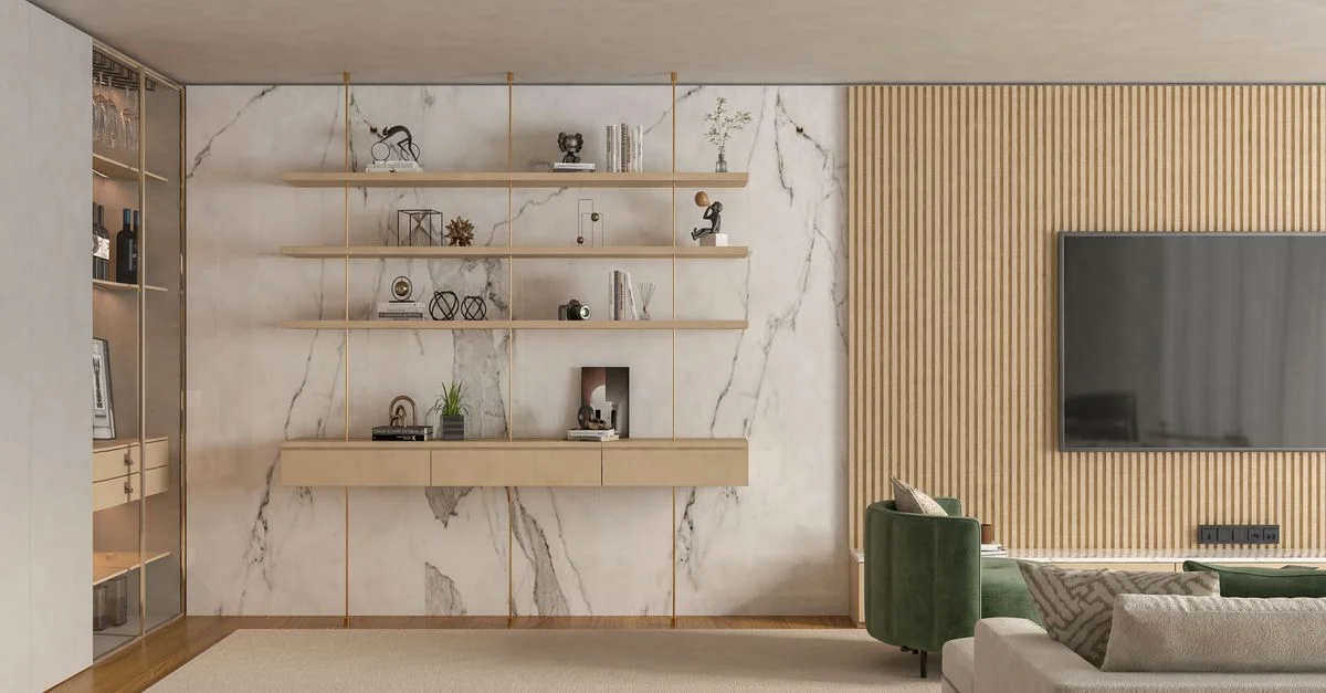 Salon minimaliste élégant avec des accents en marbre et des meubles contemporains.