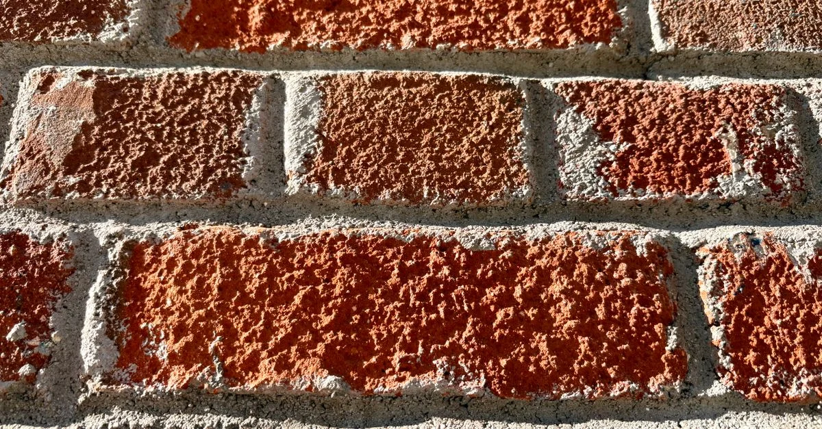 Gros plan sur la texture d'un mur de briques rouges illuminée par la lumière du soleil, révélant les détails de sa surface rugueuse.