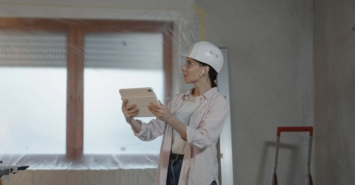 Une architecte féminine portant un casque de sécurité utilise une tablette sur un chantier pour la planification de design d'intérieur.